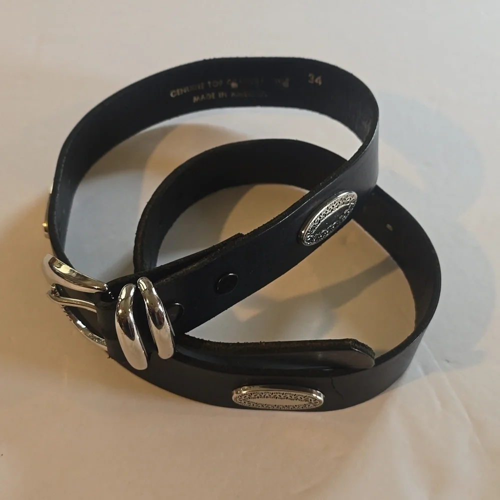 Womens Black Leather belt Silver Oblong Filigree Embellishments Sz.34